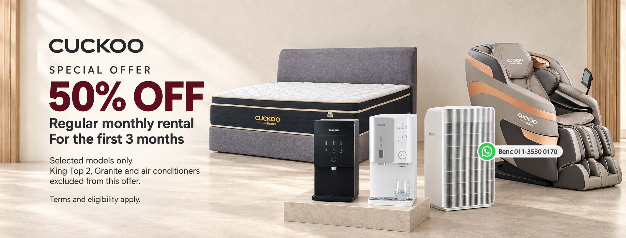 CUCKOO selected models: 50% off regular monthly rental for the first 3 months
